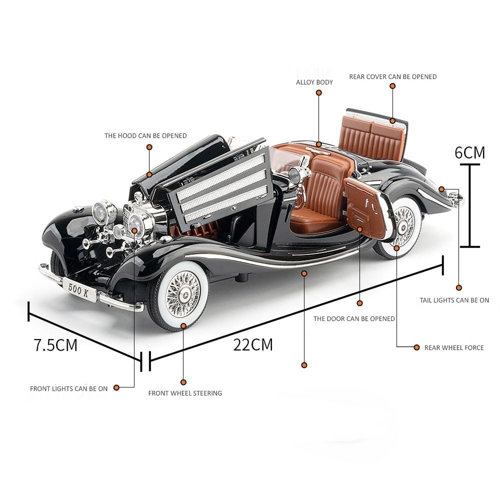 Vintage Mercedes-Benz 500K Classic Roadster 1:24 Scale Diecast Metal Toy Car Model (Black)