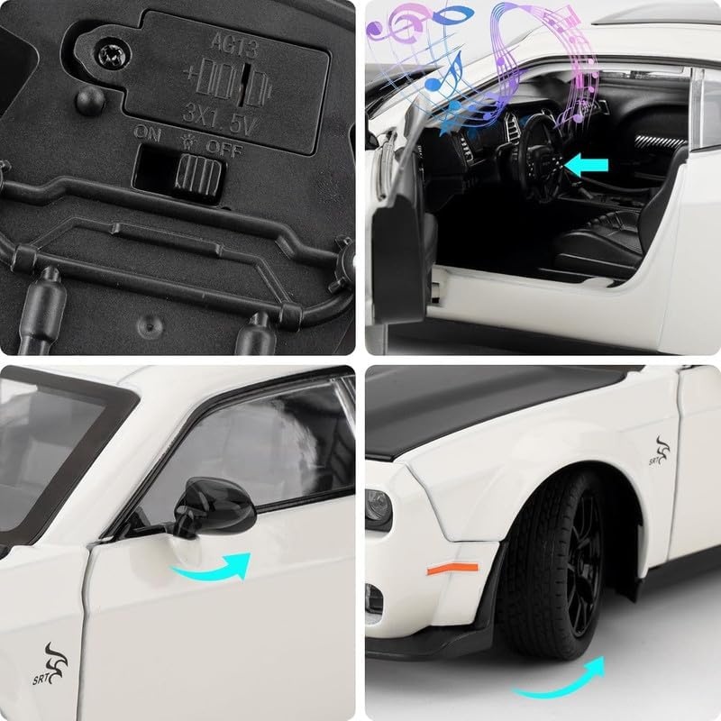 Dodge Challenger SRT 1:24 Scale Diecast Metal Toy Car – White & Black Muscle Car Model with Detailed Interiors