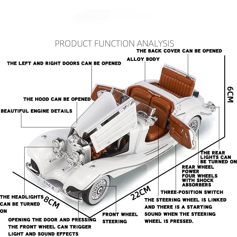 Vintage Mercedes-Benz 500K Classic Roadster 1:24 Scale Diecast Metal Toy Car Model (White)