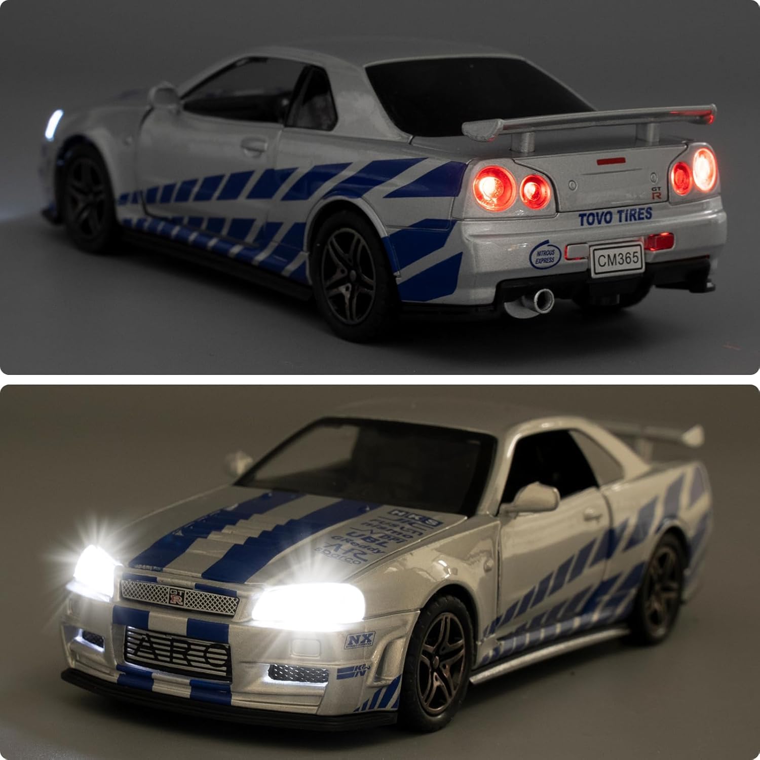 Premium Nissan Skyline GT-R R34 Paul Walker Edition 1:32 Scale Diecast Metal Toy Car with Lights, Sound & Pull-Back Action (Silver-Blue)