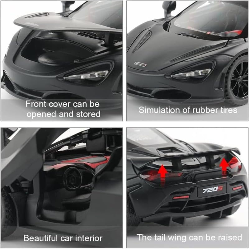 Premium McLaren 720S 1:24 Scale Diecast Metal Toy Car Model with Opening Doors (Black)