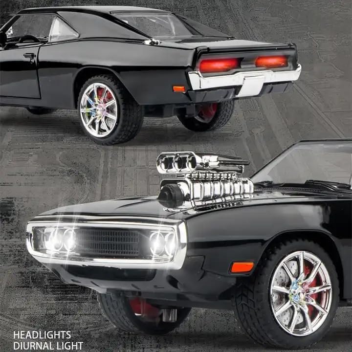 Dodge Charger 1:24 Scale Diecast Metal Toy Car – Classic Black Muscle Car with Engine Detailing