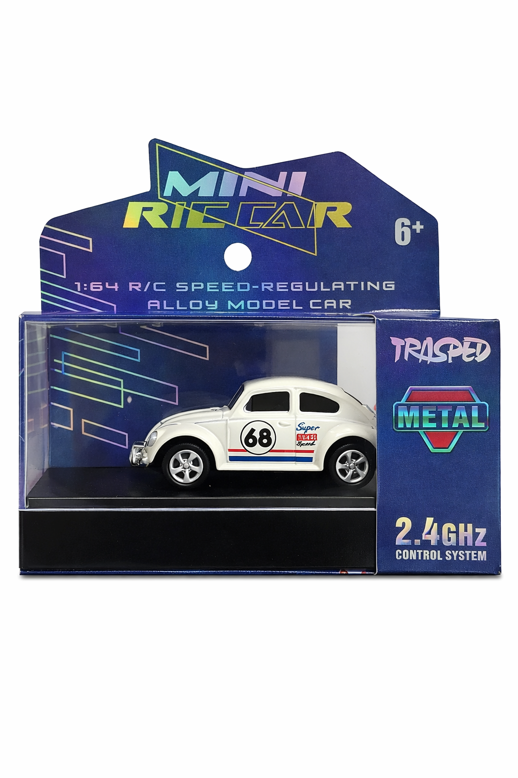 Trasped Classic Beetle Mini RC Car 1:64 Scale – 2.4GHz Remote Control Metal Toy Car (White)