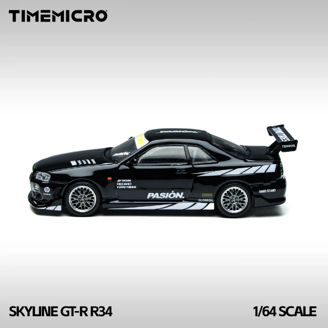Time Micro Nissan Skyline GT-R R34 Pasion Black 1:64 Diecast Widebody Car - TM800504