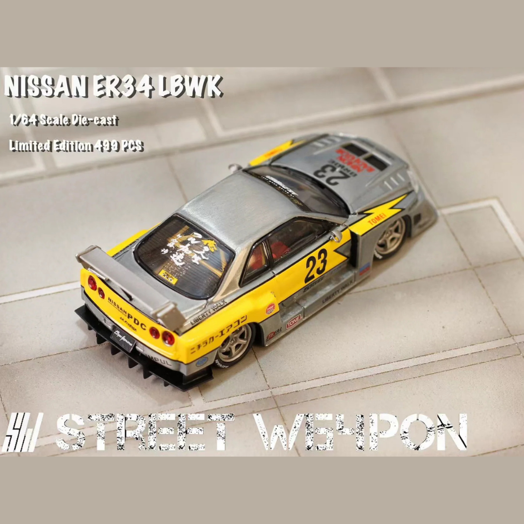 Street Weapon Nissan Skyline ER34 LBWK Super Silhouette #23 Silver/Yellow 1:64 Diecast (Limited to 499 pcs) - SW64-LBWK-ER34-RAW