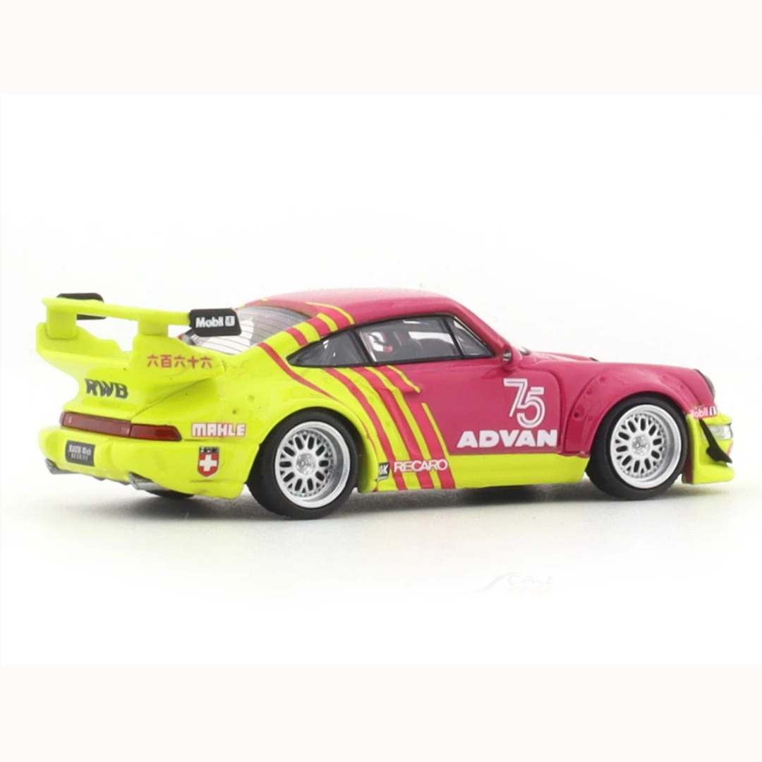 Mini Station Porsche 964 RWB "Advan" Pink/Yellow #75 (With Figure) 1:64 Diecast Widebody Car - MS640863-1