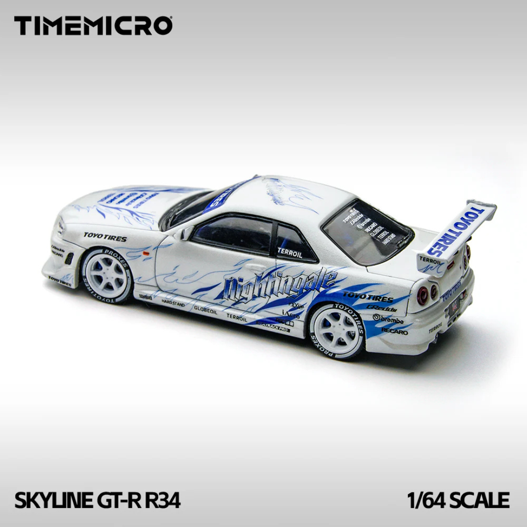 Time Micro Nissan Skyline GT-R R34 Nightingale White/Blue 1:64 Diecast Widebody Car - TM800503