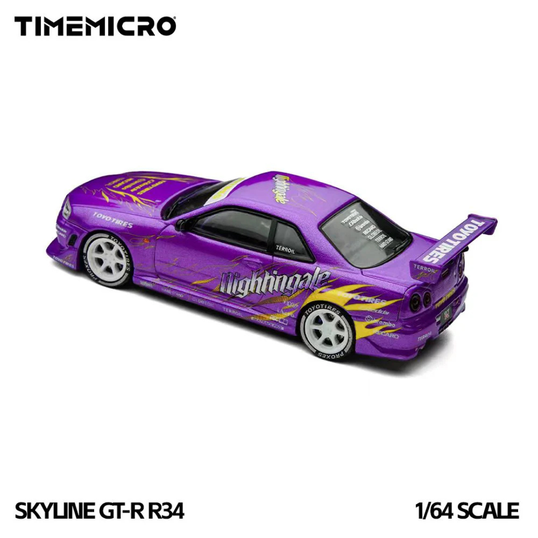 Time Micro Nissan Skyline GT-R R34 "Drifting Flames" Purple Nightingale Edition -TM800506