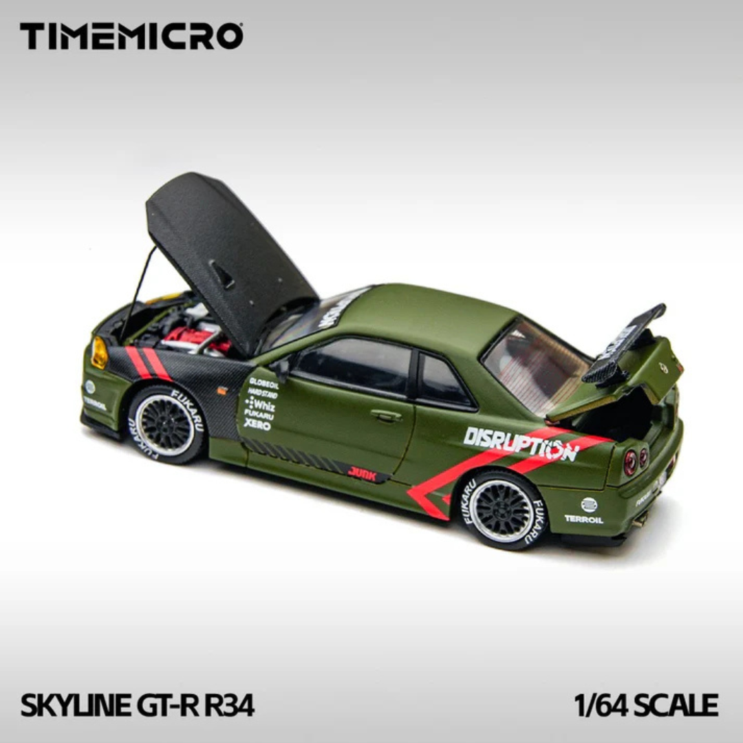 Time Micro Nissan Skyline GT-R R34 Disruption Matte Green 1:64 Diecast Widebody Car - TM646317