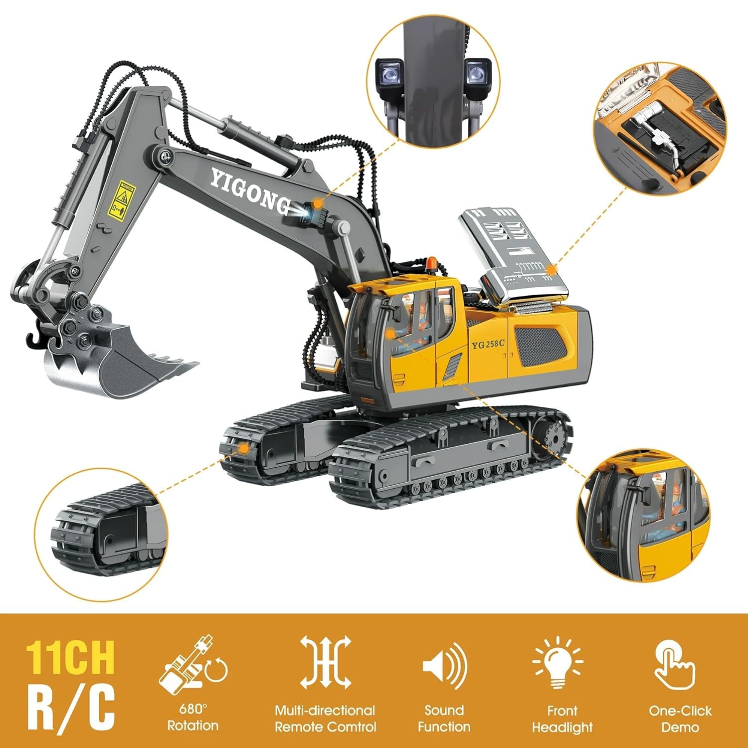 Yigong 1:14 Scale 11-Channel RC Excavator with Metal Bucket | 680° Rotation | Heavy-Duty Construction Vehicle Toy