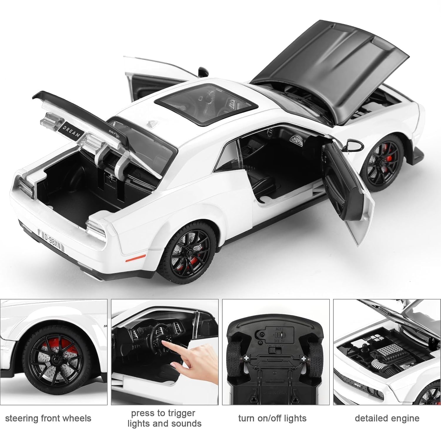 Dodge Challenger SRT 1:24 Scale Diecast Metal Toy Car – White & Black Muscle Car Model with Detailed Interiors