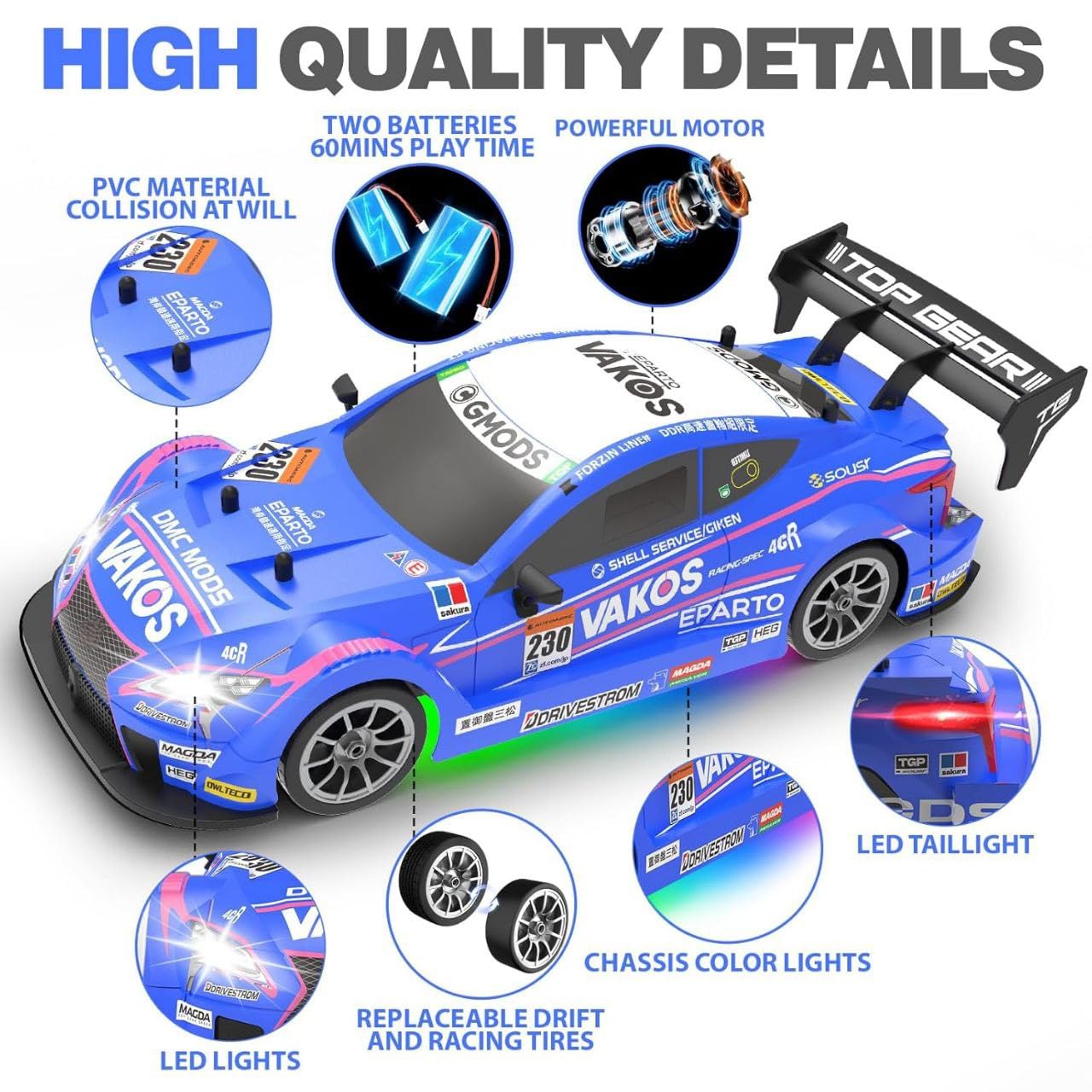 1:16 Scale High-Speed RC Drift Racing Car – VAKOS Edition | 30 km/h 4WD Remote Control Metal Toy Car for Kids & Collectors (Blue)