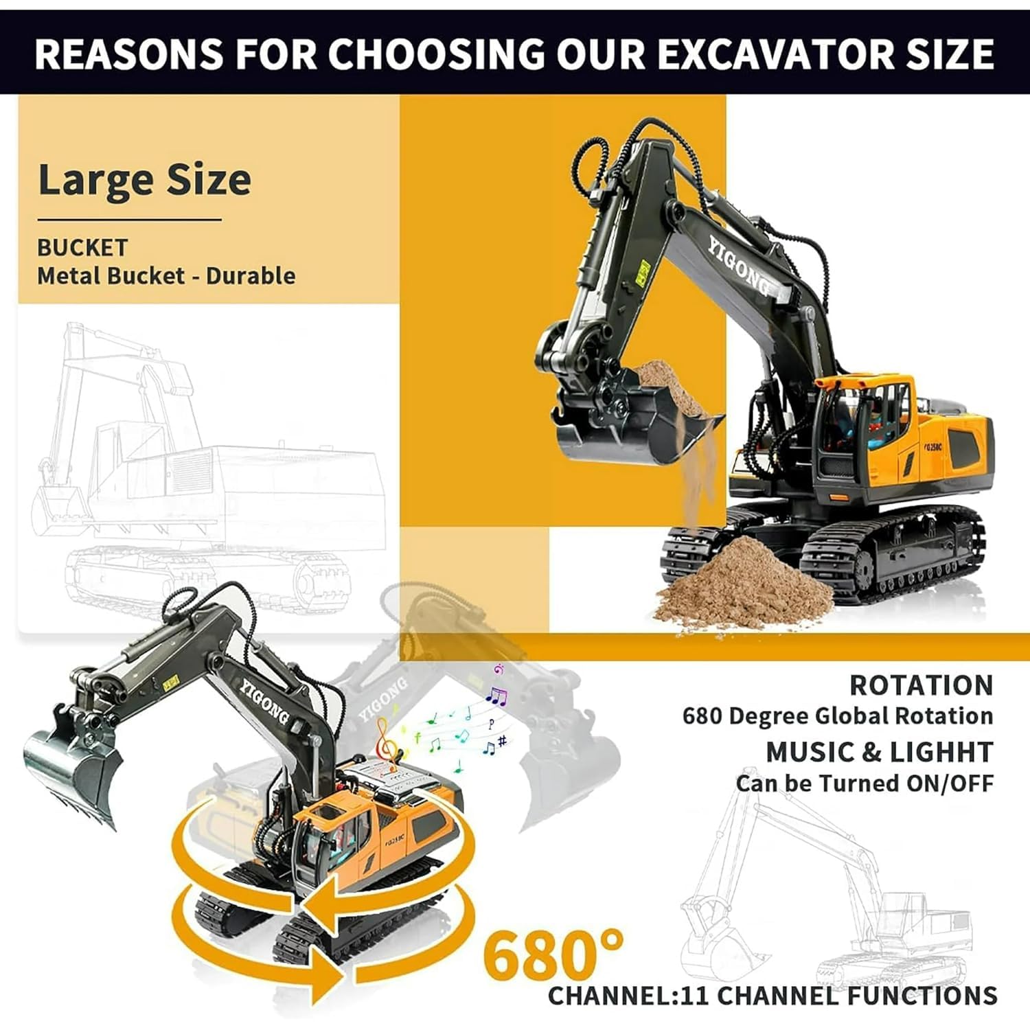 Yigong 1:14 Scale 11-Channel RC Excavator with Metal Bucket | 680° Rotation | Heavy-Duty Construction Vehicle Toy
