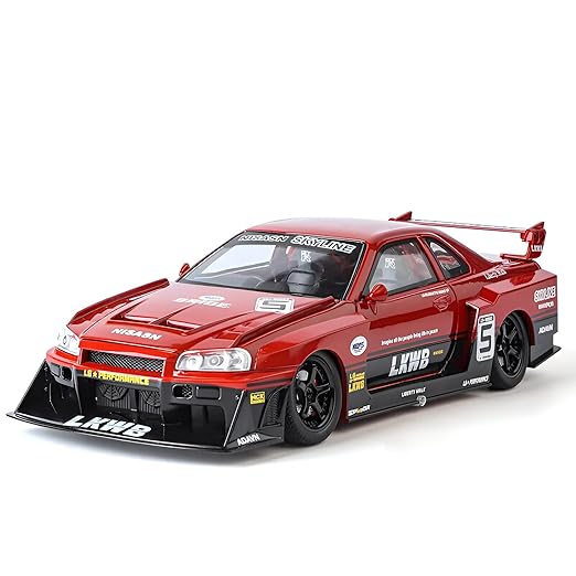 Nissan Skyline GTR R34 1:24 Scale Diecast Metal Toy Car with Opening Parts, Lights & Sound (Red)