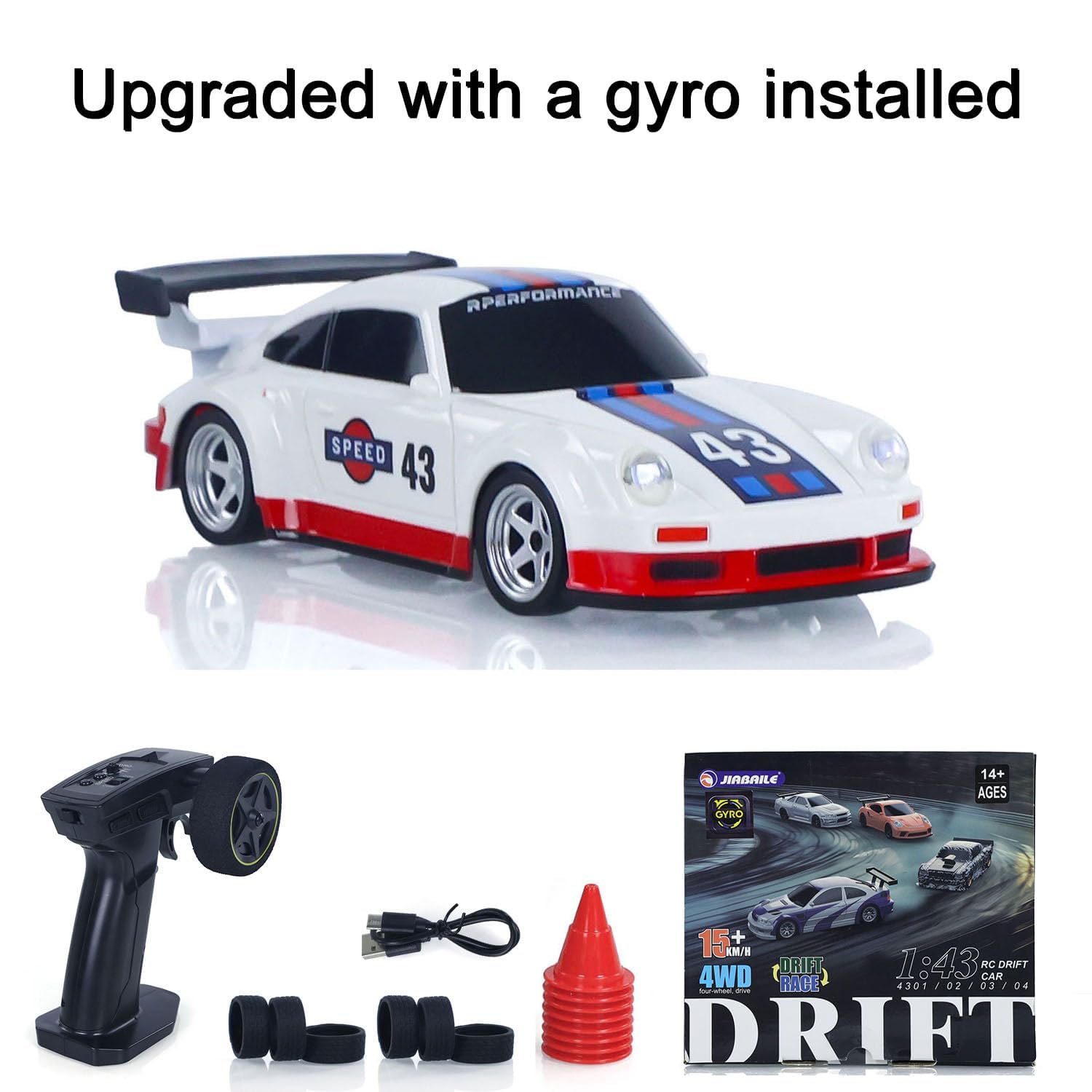 Porsche 1:43 RC Drift Car – White/Red Racing Edition | High-Speed 4WD Mini Remote Control Drift Car with Gyro & LED Lights