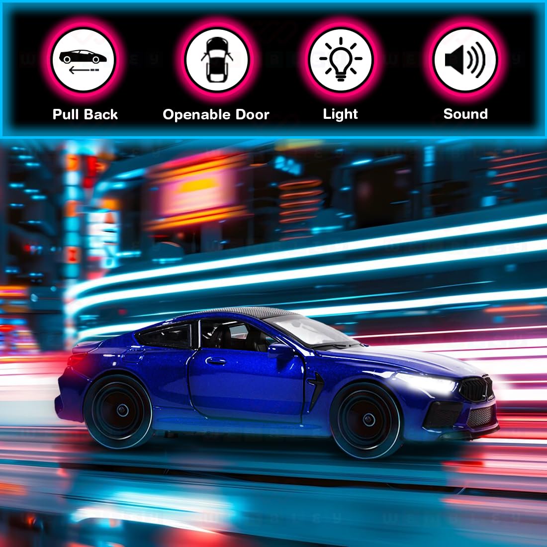 Premium BMW M8 Coupe 1:36 Scale Diecast Metal Toy Car with Lights, Sound & Pull-Back Action