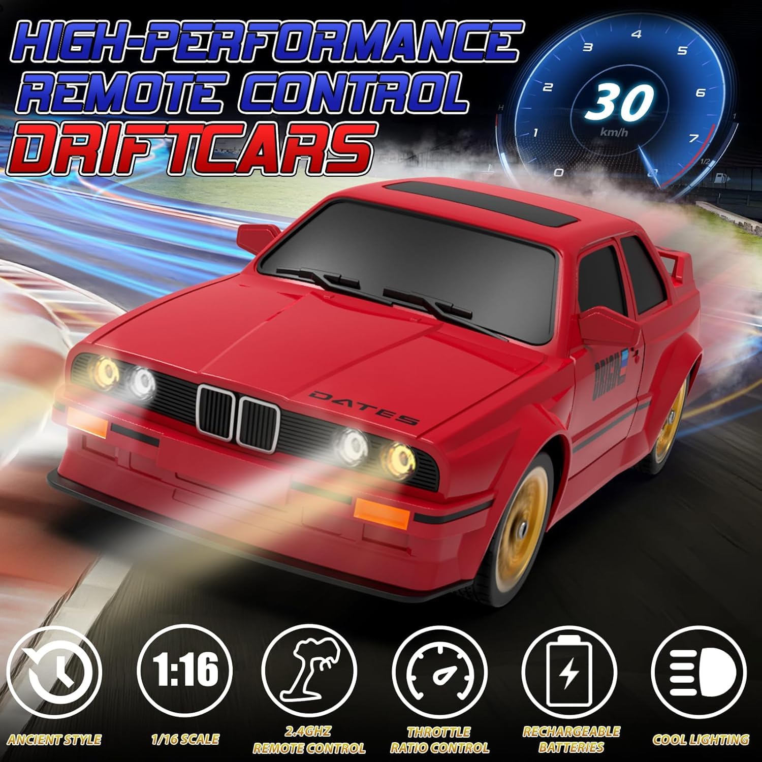 1:16 Retro Drift RC Car – High-Speed 4WD Remote Control Racing Car with LED Lights, Rechargeable Battery & Drift Tires (Premium Metal-Feel Body)