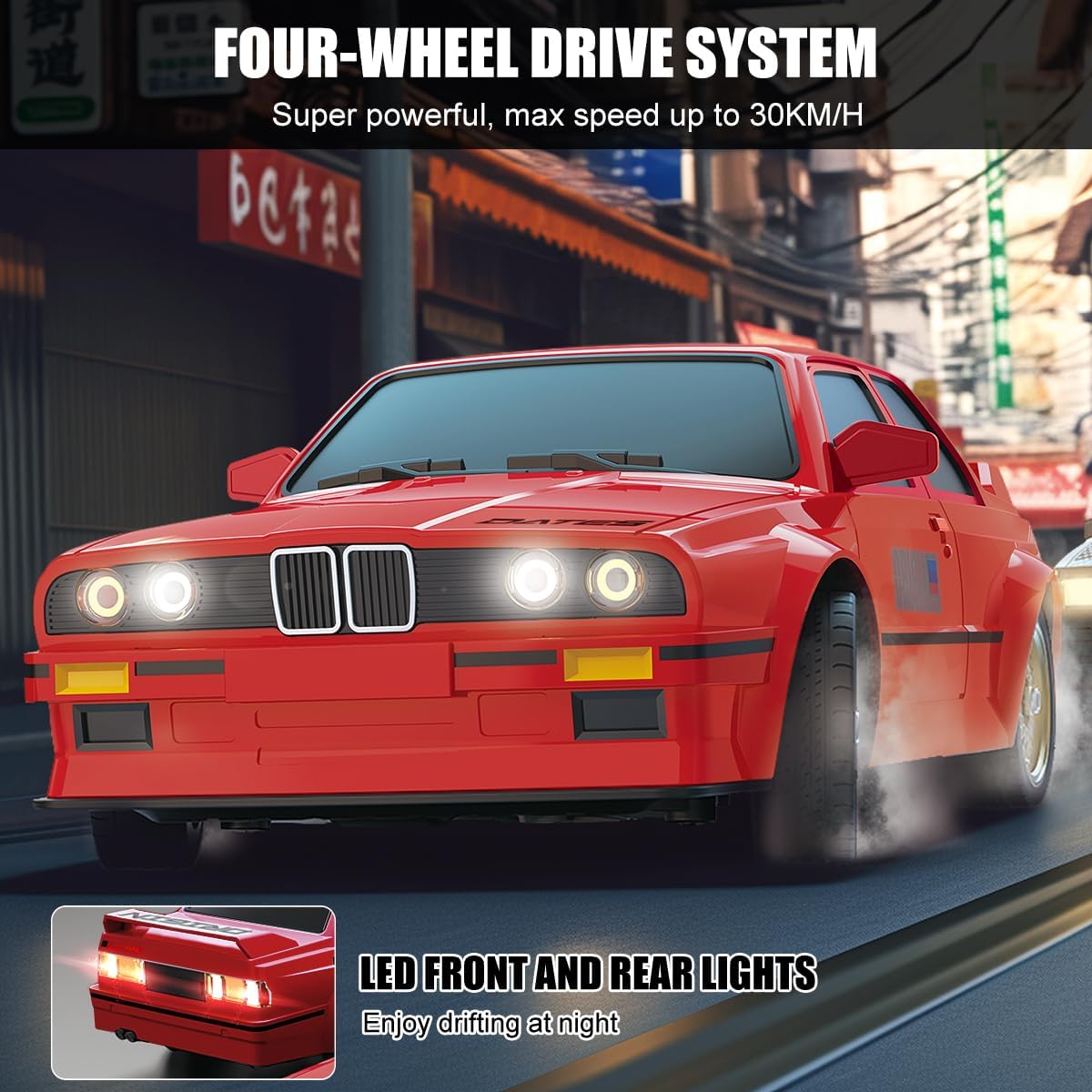 1:16 Retro Drift RC Car – High-Speed 4WD Remote Control Racing Car with LED Lights, Rechargeable Battery & Drift Tires (Premium Metal-Feel Body)