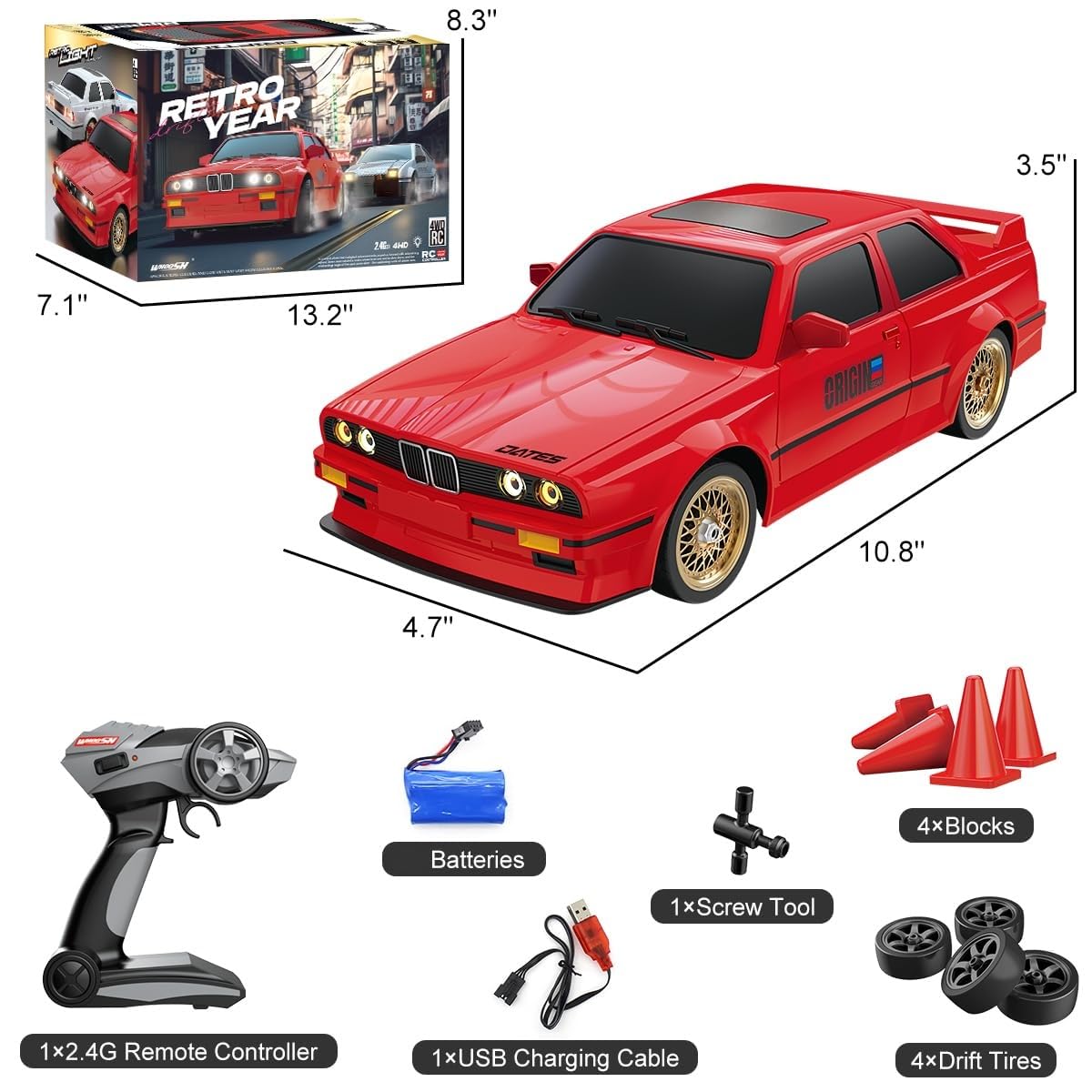 1:16 Retro Drift RC Car – High-Speed 4WD Remote Control Racing Car with LED Lights, Rechargeable Battery & Drift Tires (Premium Metal-Feel Body)