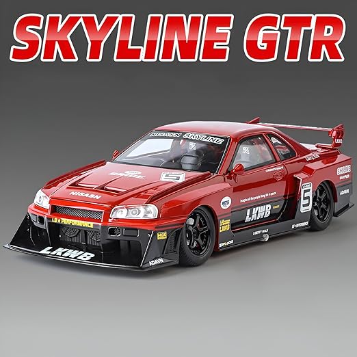 Nissan Skyline GTR R34 1:24 Scale Diecast Metal Toy Car with Opening Parts, Lights & Sound (Red)