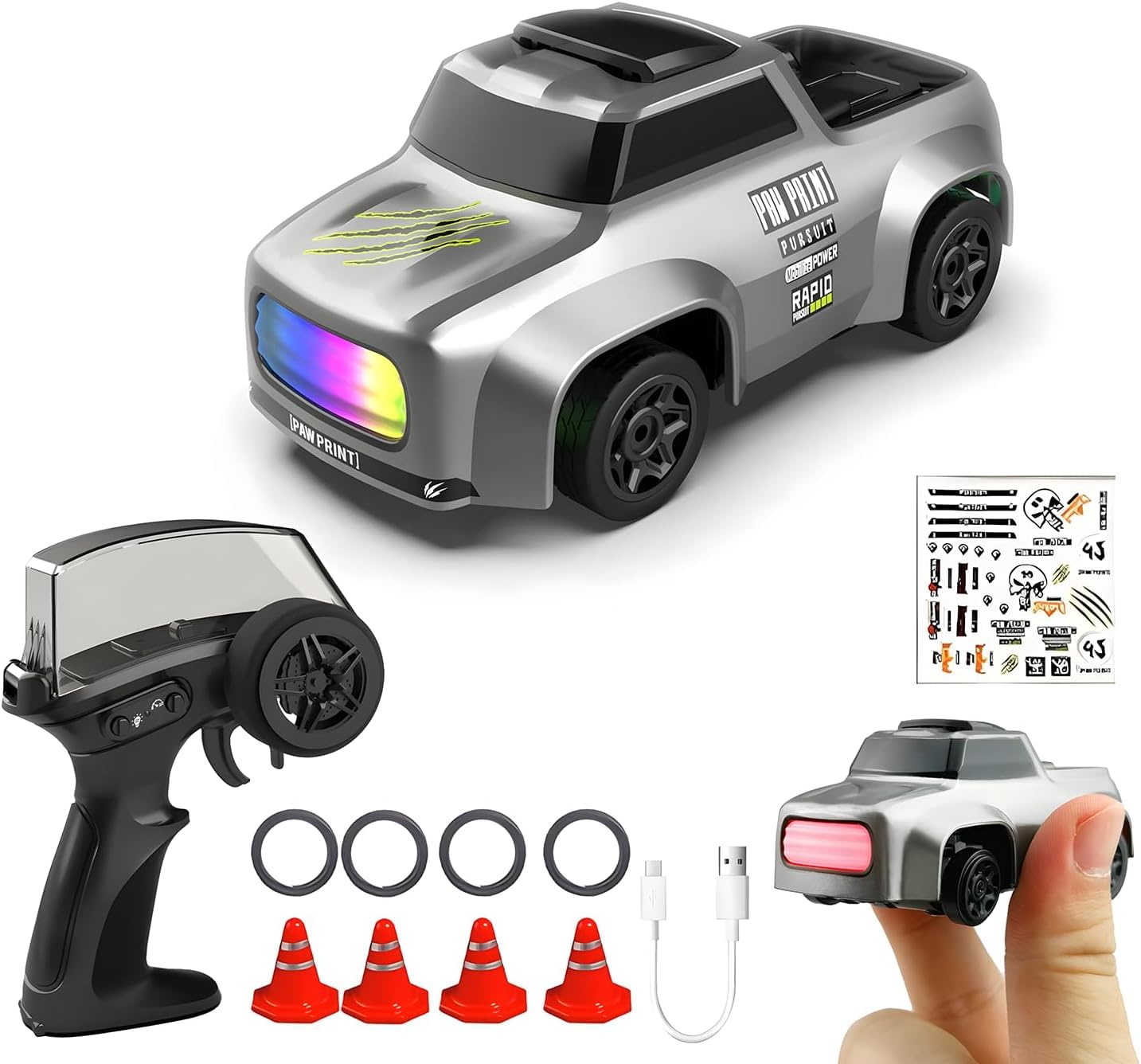 Mini RC Drift Car 1:64 Scale Rechargeable Metal Body Toy Car with Remote Control, LED Lights & Accessories