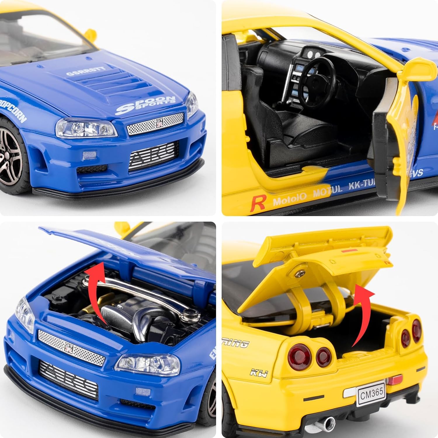 Nissan Skyline GT-R R34 1:32 Diecast Metal Toy Car Model – Alloy Body, Opening Parts, Rubber Tyres (Blue/Yellow)