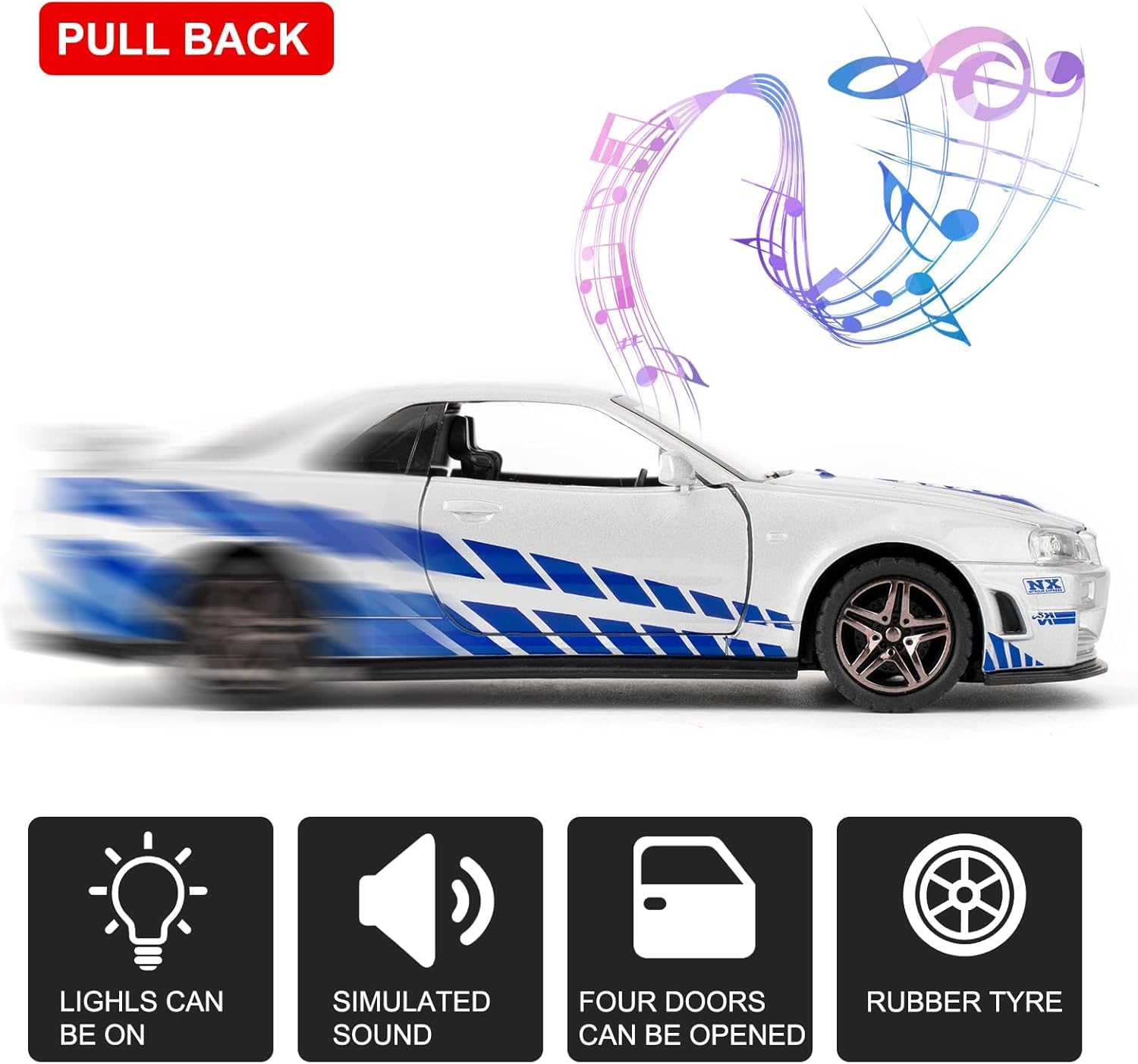Premium Nissan Skyline GT-R R34 Paul Walker Edition 1:32 Scale Diecast Metal Toy Car with Lights, Sound & Pull-Back Action (Silver-Blue)