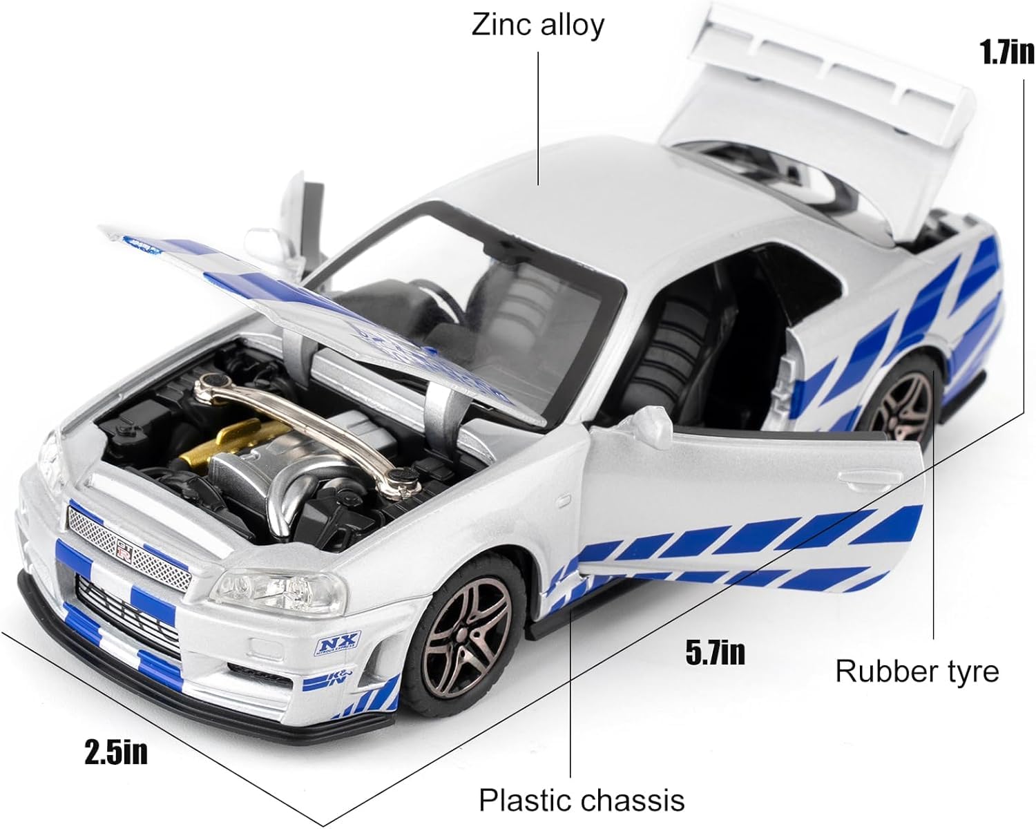 Premium Nissan Skyline GT-R R34 Paul Walker Edition 1:32 Scale Diecast Metal Toy Car with Lights, Sound & Pull-Back Action (Silver-Blue)