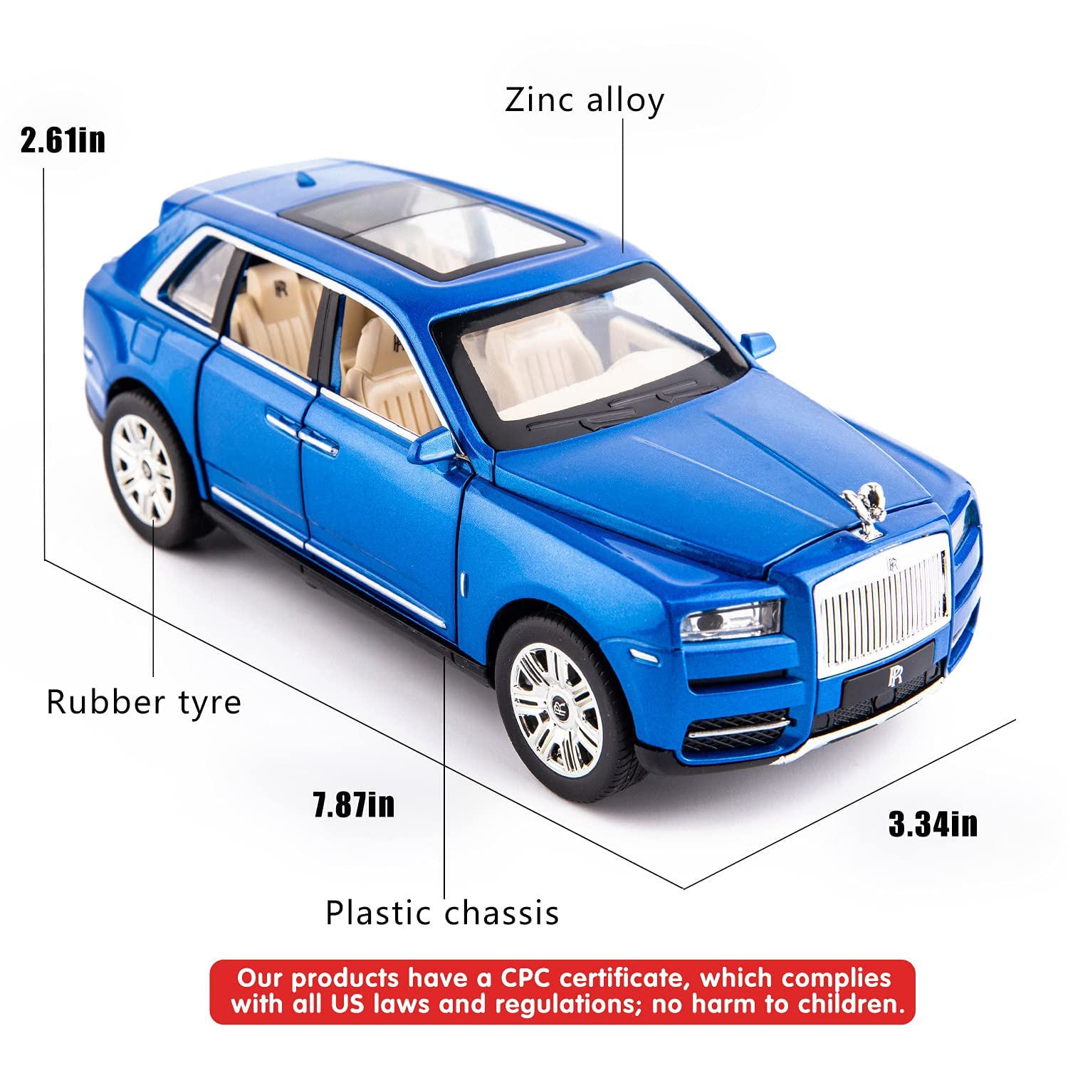 Premium Rolls-Royce Cullinan 1:24 Scale Diecast Metal Toy Car Model with Opening Doors (Blue)