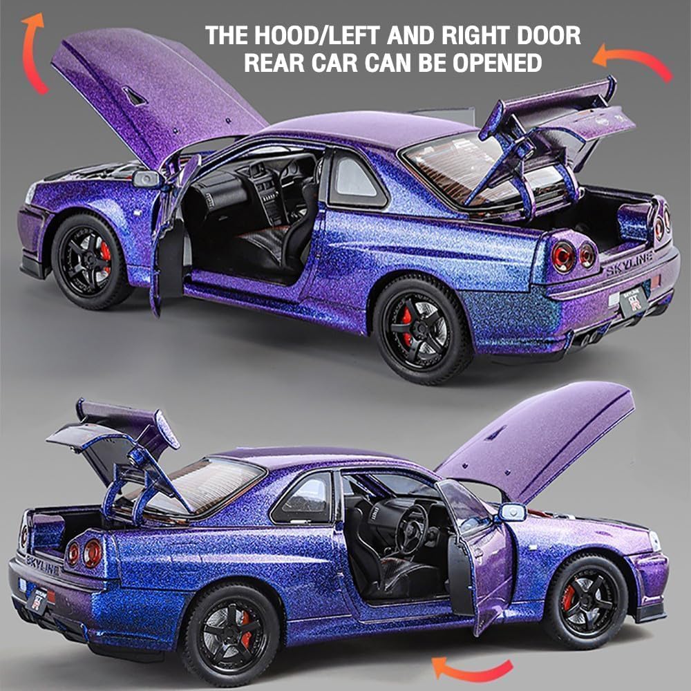 Nissan Skyline GT-R R34 1:32 Scale Diecast Metal Toy Car – Pullback, Lights & Sound, Opening Doors/Bonnet/Trunk