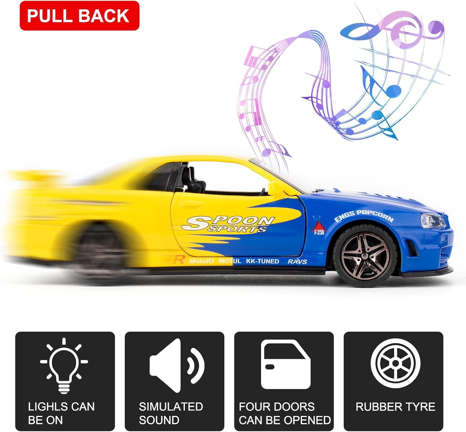 Nissan Skyline GT-R R34 1:32 Diecast Metal Toy Car Model – Alloy Body, Opening Parts, Rubber Tyres (Blue/Yellow)
