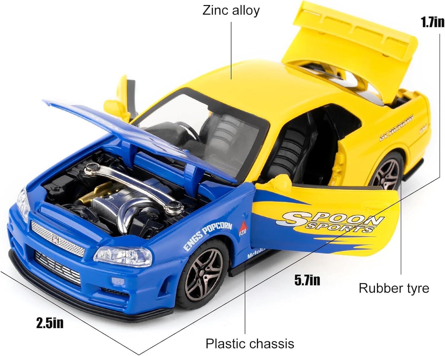 Nissan Skyline GT-R R34 1:32 Diecast Metal Toy Car Model – Alloy Body, Opening Parts, Rubber Tyres (Blue/Yellow)