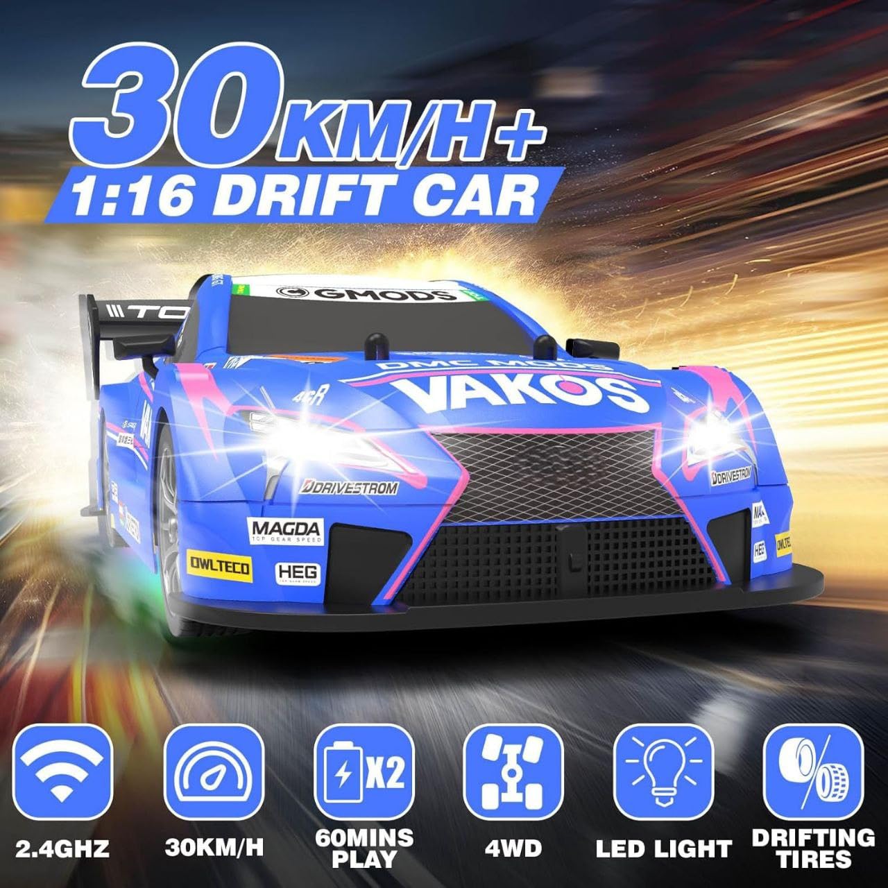 1:16 Scale High-Speed RC Drift Racing Car – VAKOS Edition | 30 km/h 4WD Remote Control Metal Toy Car for Kids & Collectors (Blue)