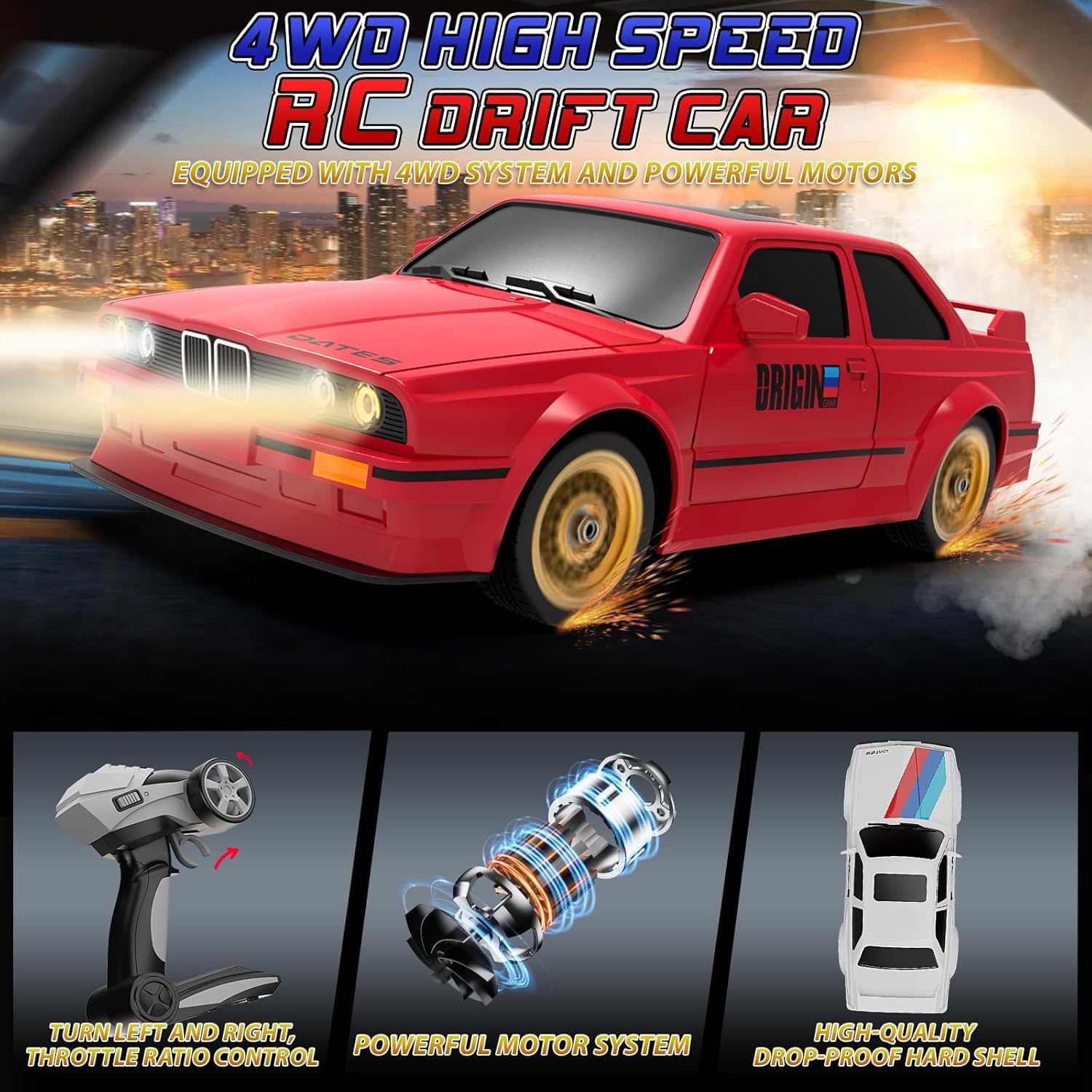 1:16 Retro Drift RC Car – High-Speed 4WD Remote Control Racing Car with LED Lights, Rechargeable Battery & Drift Tires (Premium Metal-Feel Body)