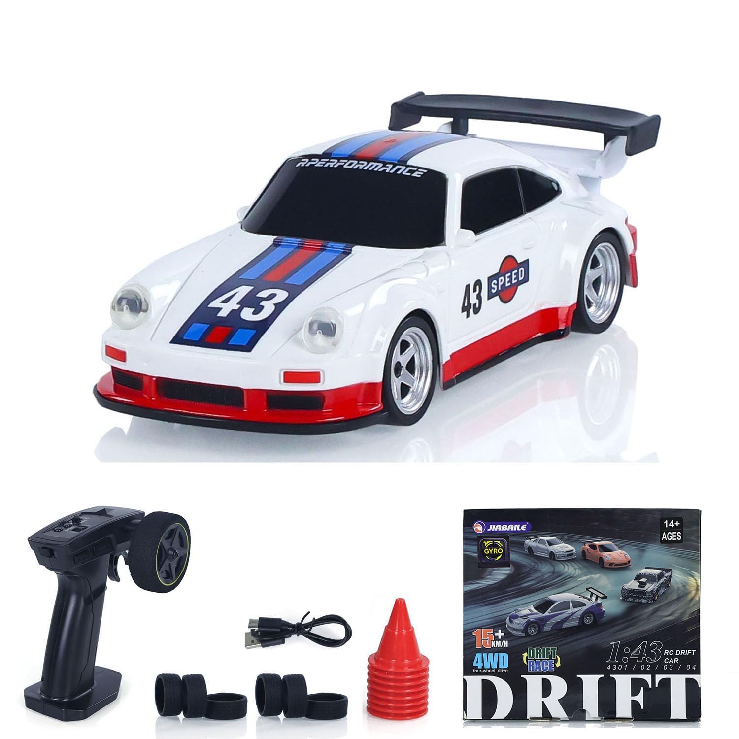 Porsche 1:43 RC Drift Car – White/Red Racing Edition | High-Speed 4WD Mini Remote Control Drift Car with Gyro & LED Lights