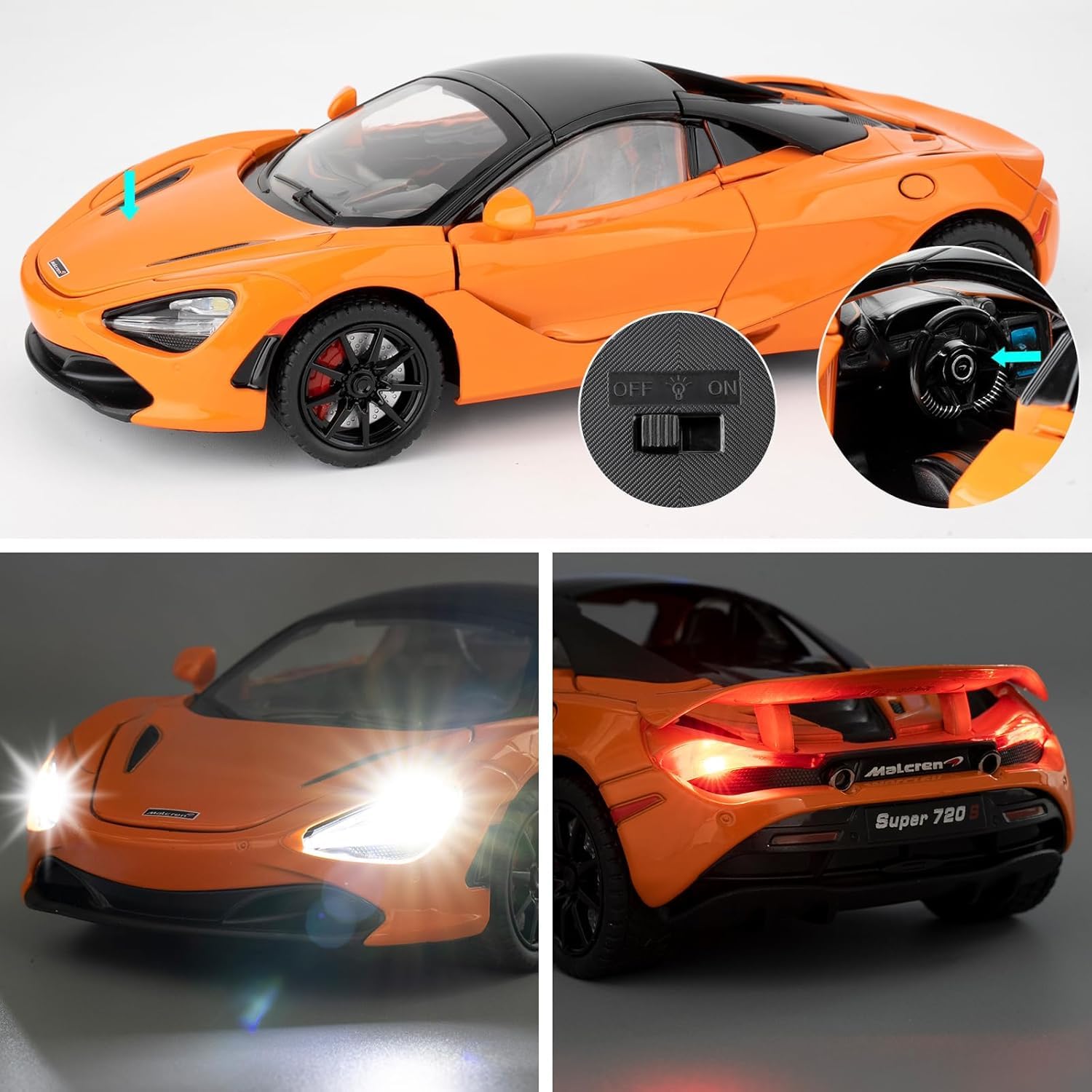 Premium McLaren 720S 1:24 Scale Diecast Metal Toy Car Model with Opening Doors (Orange)