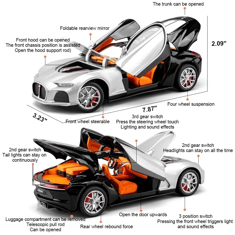 Bugatti Chiron 1:24 Scale Diecast Metal Toy Car – Premium Silver & Black Supercar Model with Detailed Interiors