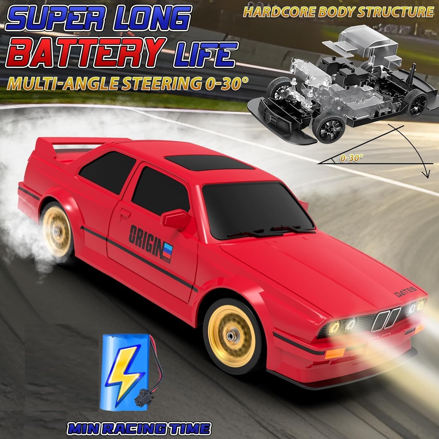 1:16 Retro Drift RC Car – High-Speed 4WD Remote Control Racing Car with LED Lights, Rechargeable Battery & Drift Tires (Premium Metal-Feel Body)