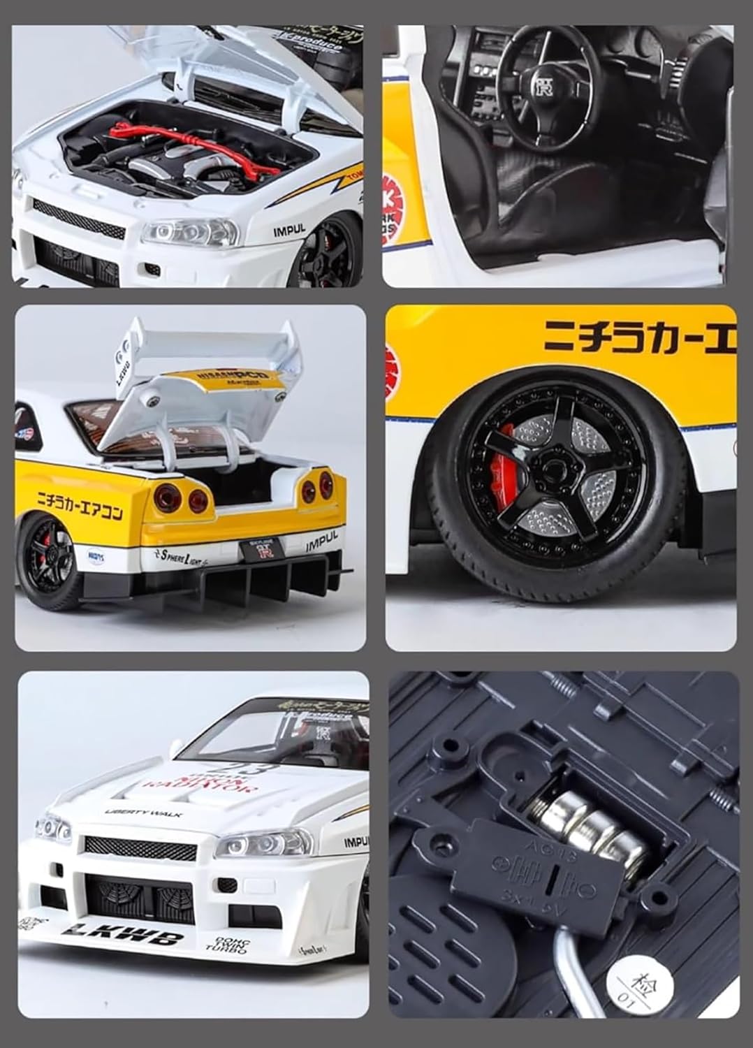 Nissan Skyline R34 Diecast Car 1:24 Scale – Metal Racing Model Toy with Opening Parts & Lights