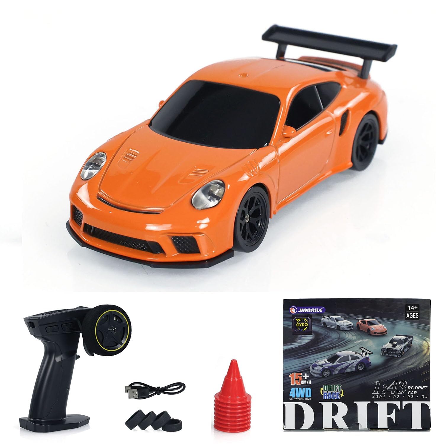 Porsche 1:43 RC Drift Car – High-Speed 4WD Drift Racing Car with Gyro (Orange)