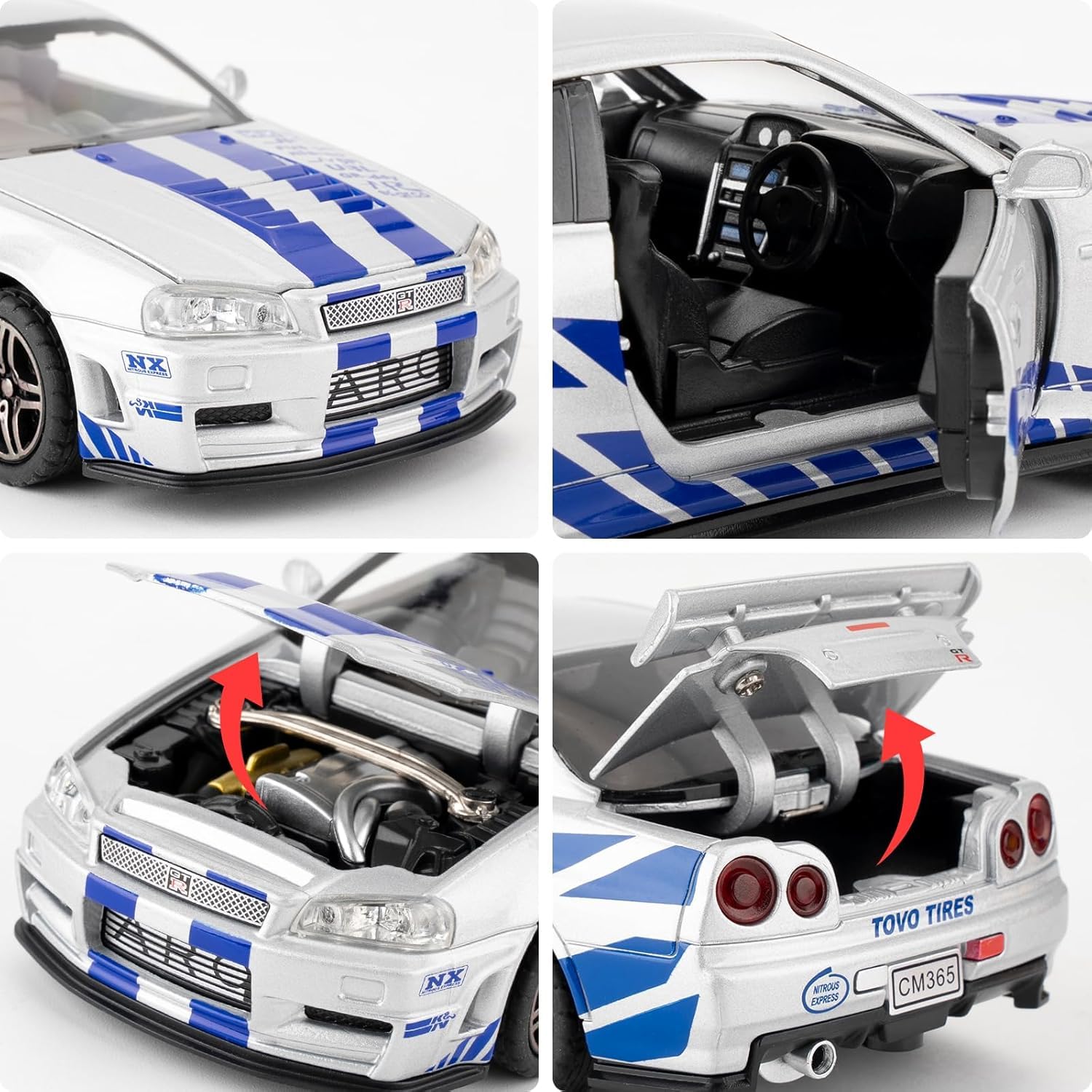 Premium Nissan Skyline GT-R R34 Paul Walker Edition 1:32 Scale Diecast Metal Toy Car with Lights, Sound & Pull-Back Action (Silver-Blue)