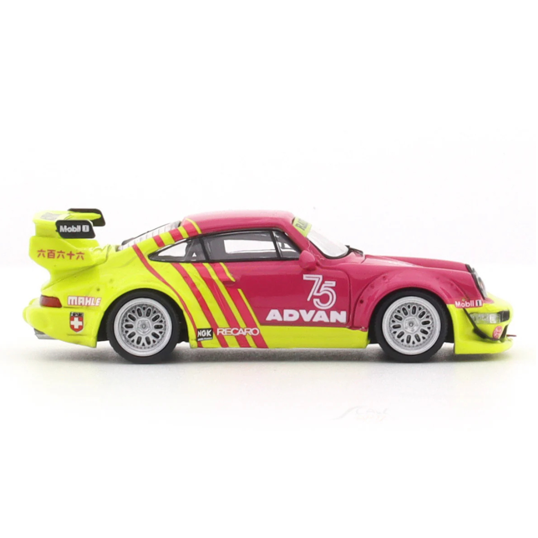 Mini Station Porsche 964 RWB "Advan" Pink/Yellow #75 (With Figure) 1:64 Diecast Widebody Car - MS640863-1