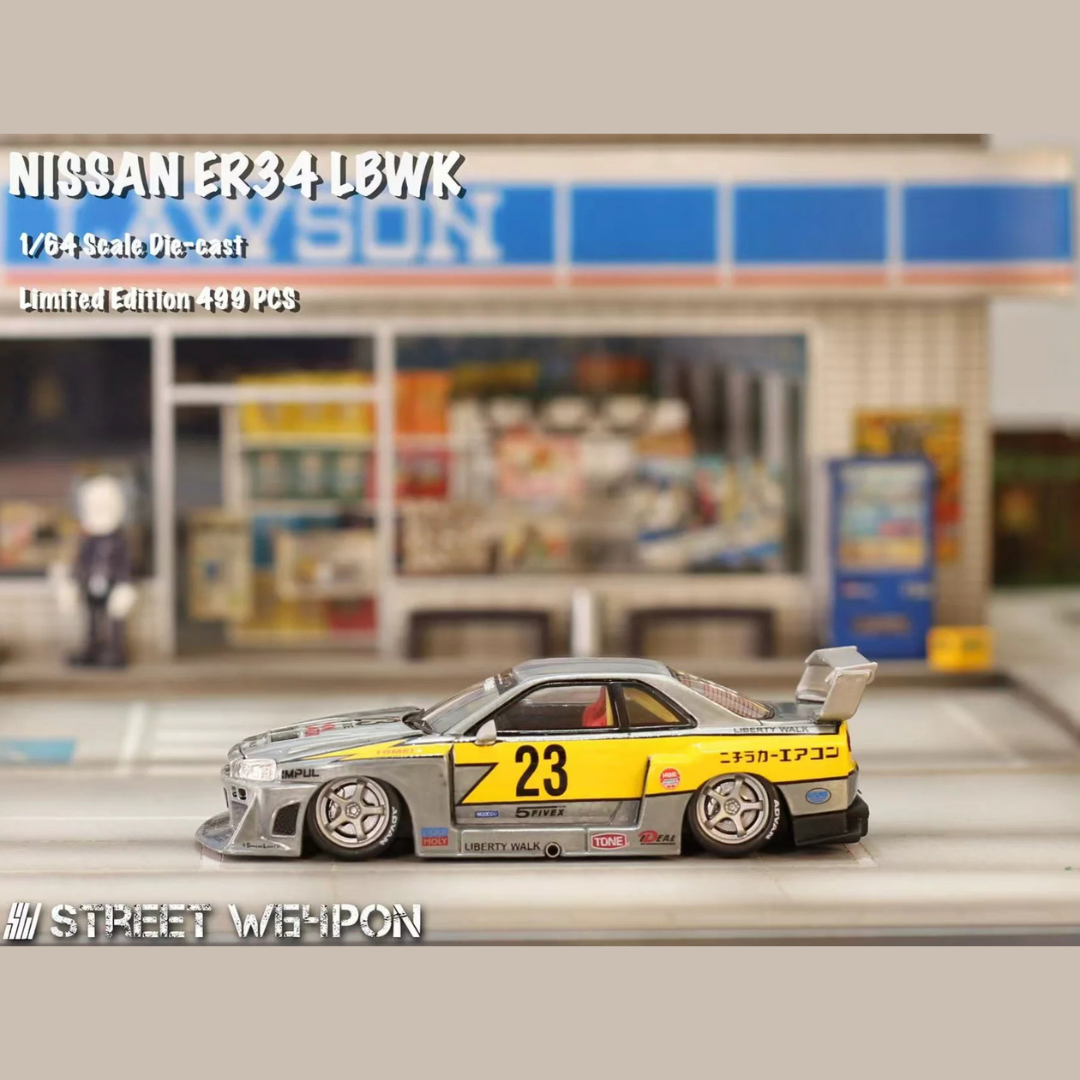 Street Weapon Nissan Skyline ER34 LBWK Super Silhouette #23 Silver/Yellow 1:64 Diecast (Limited to 499 pcs) - SW64-LBWK-ER34-RAW