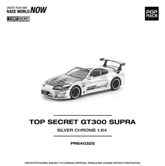 Pop Race Top Secret GT300 Supra Silver Chrome 1:64 Scale Diecast Metal Model Car – Premium Collector Edition