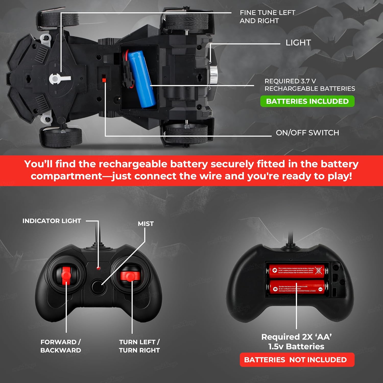 Batman RC Batmobile 1:20 Scale Remote Control Car with Mist Spray & LED Lights (Rechargeable)