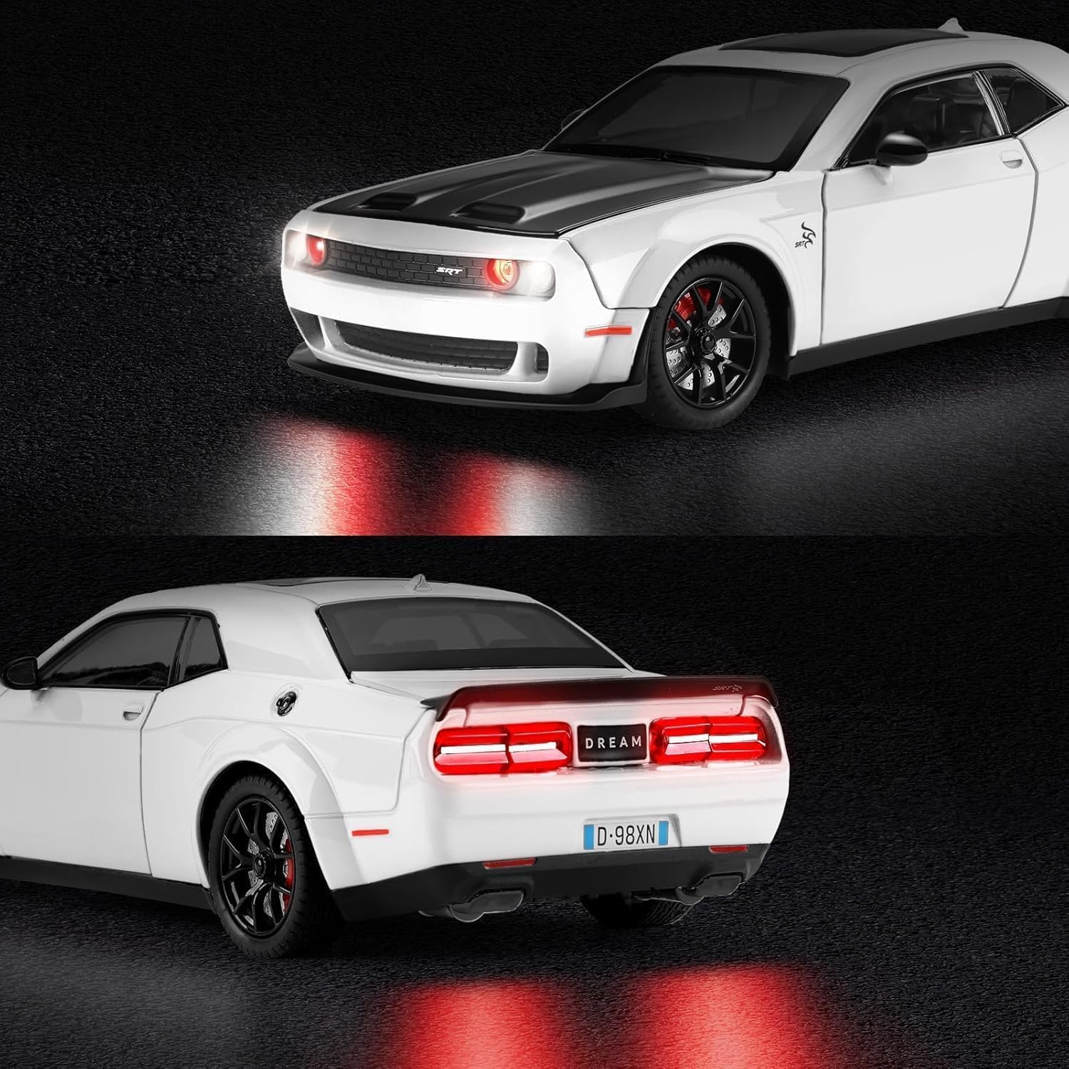 Dodge Challenger SRT 1:24 Scale Diecast Metal Toy Car – White & Black Muscle Car Model with Detailed Interiors