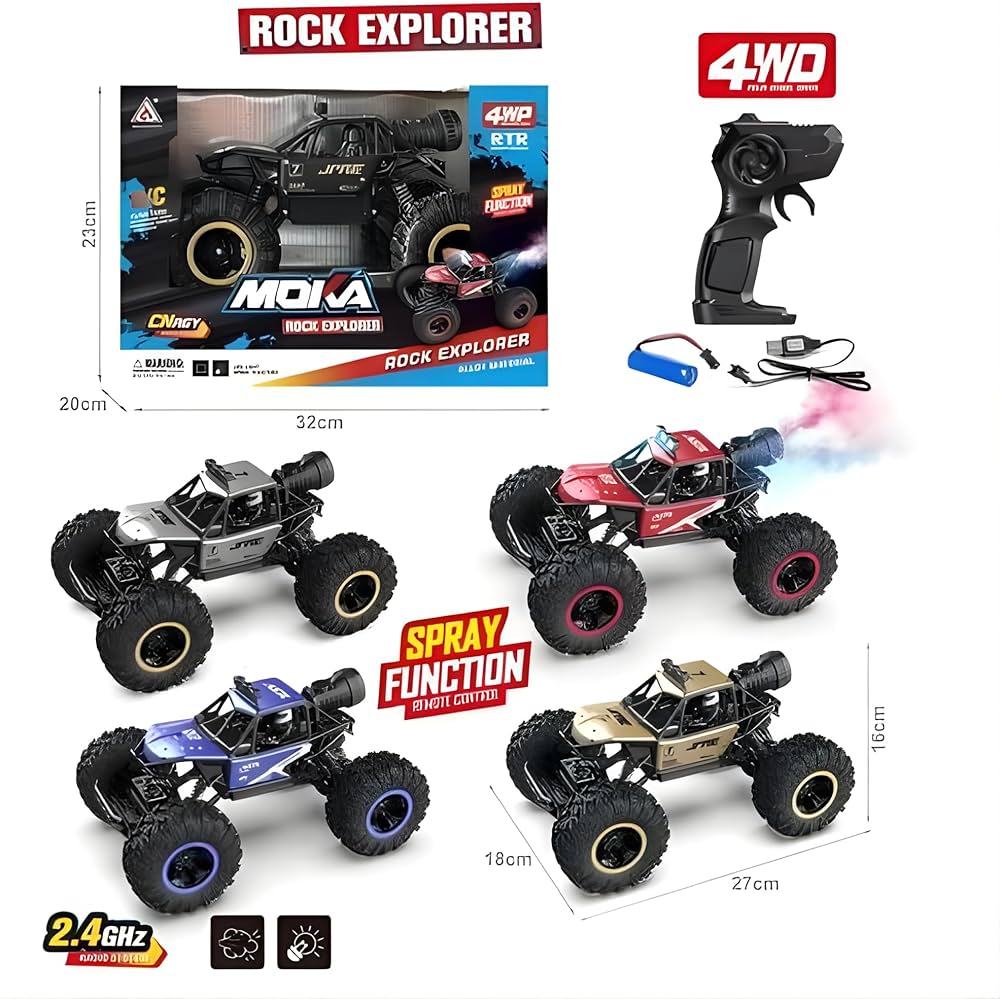 Rock Explorer 4WD RC Monster Truck Diecast Metal Toy Car with Spray Function & Remote Control – 1:16 Scale Off-Road