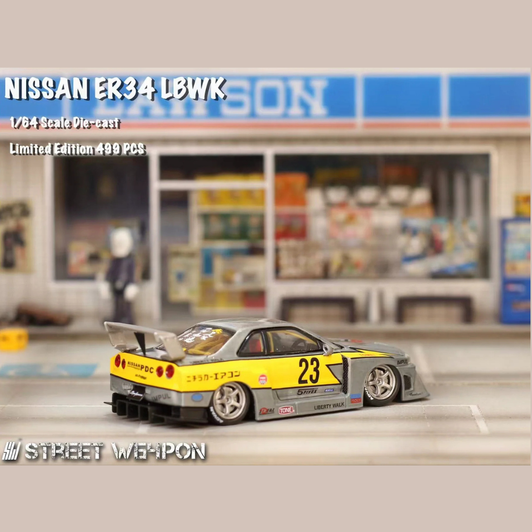 Street Weapon Nissan Skyline ER34 LBWK Super Silhouette #23 Silver/Yellow 1:64 Diecast (Limited to 499 pcs) - SW64-LBWK-ER34-RAW