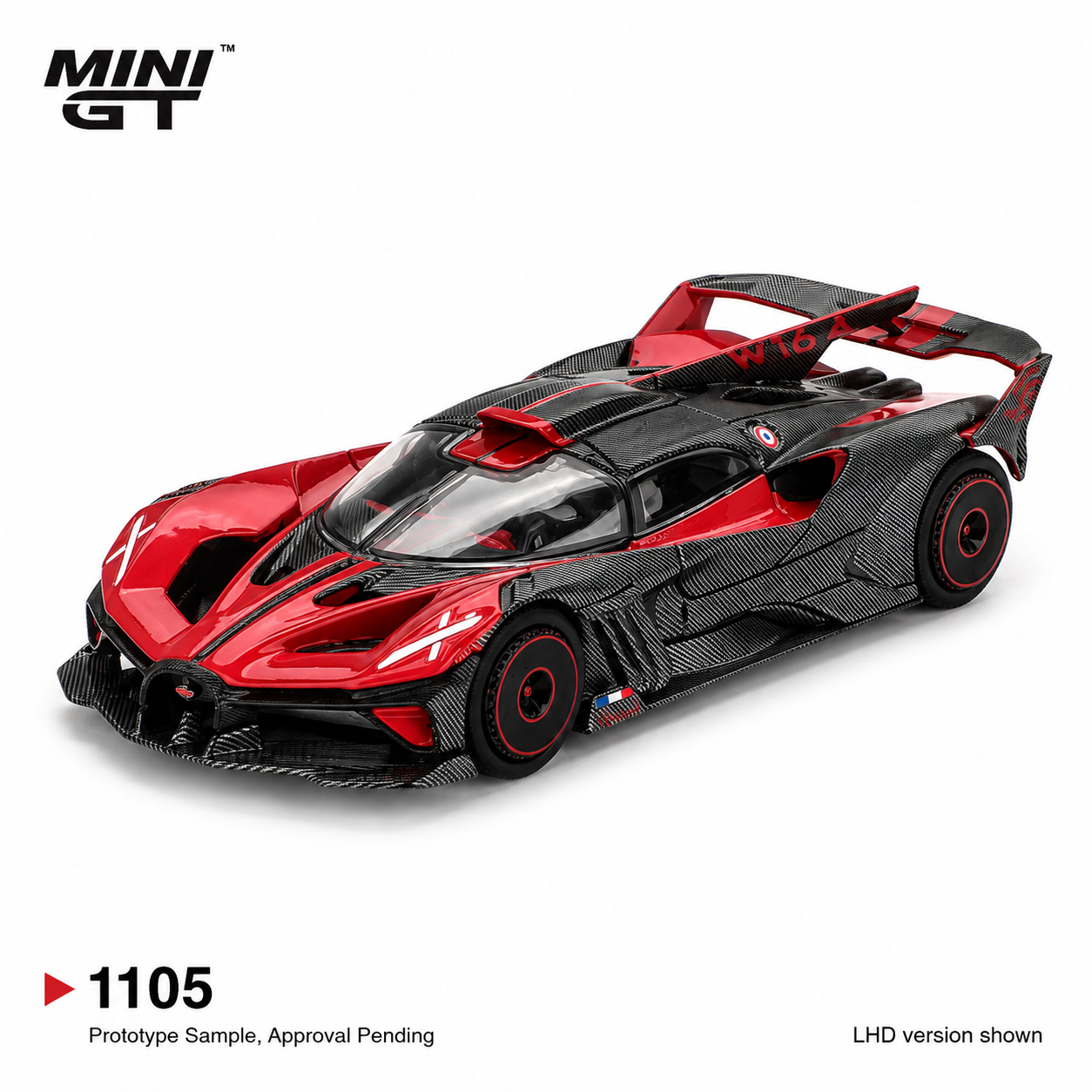MINI GT Bugatti Bolide Black Carbon & Red 1:64 Scale Diecast Metal Toy Car #1105