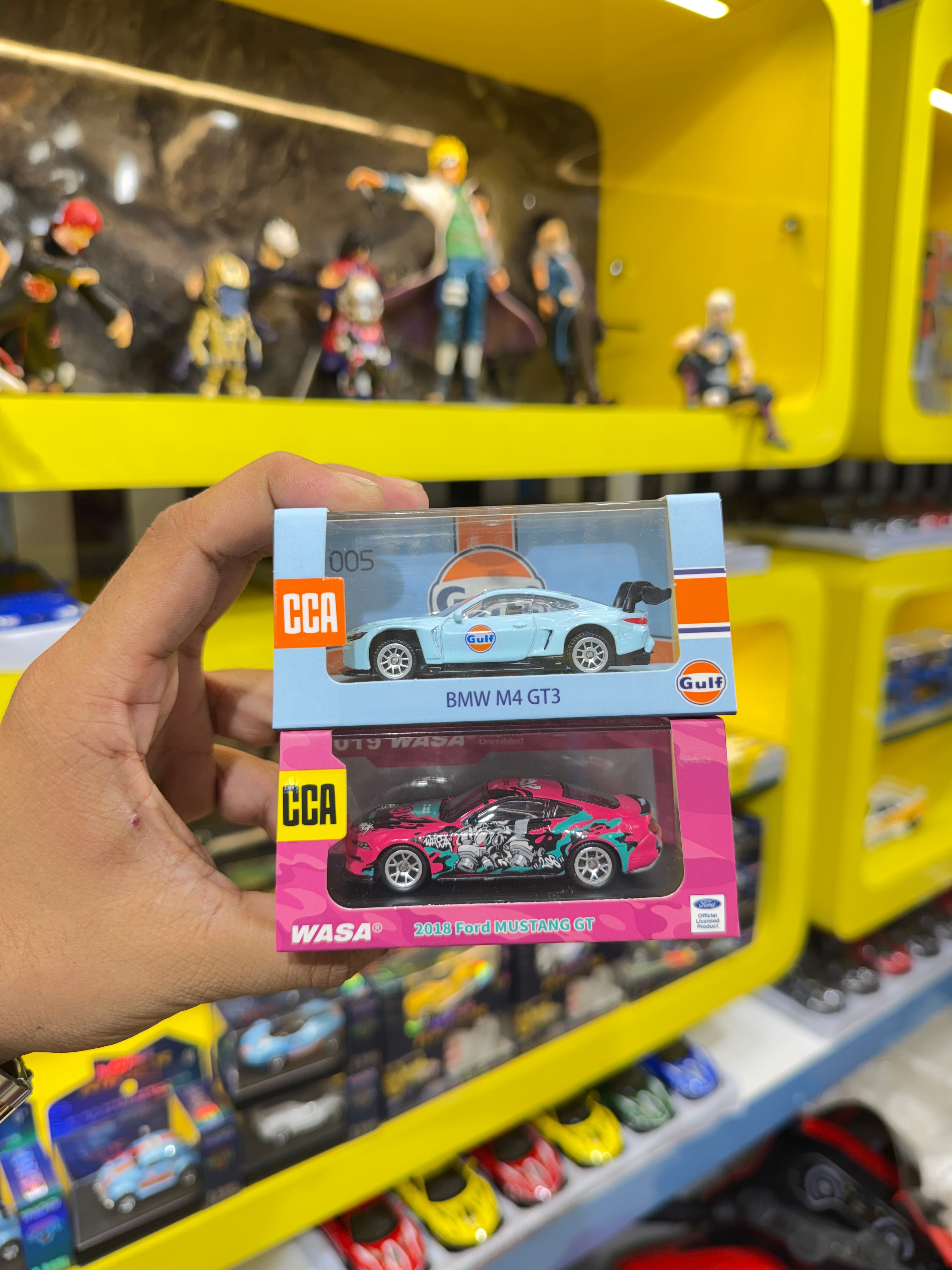 CCA Gulf BMW M4 GT3 + CCA WASA Pink 2018 Ford Mustang GT 1:64 Scale Diecast Metal Toy Car Combo Pack